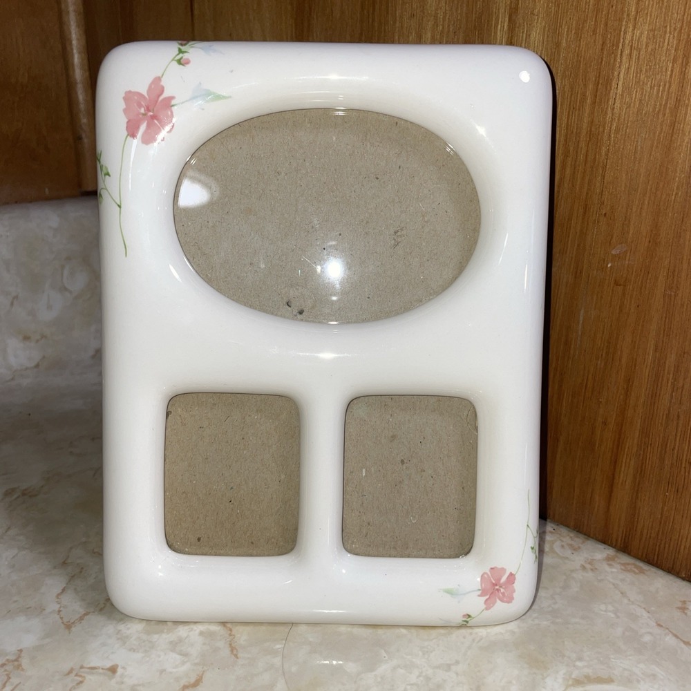 Very Nice Hallmark Thick White Ceramic Photo Frame‎ 90s Vintage Floral Pink